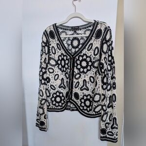 QED London Black and Cream Patterned Crochet Cardigan Size XS
